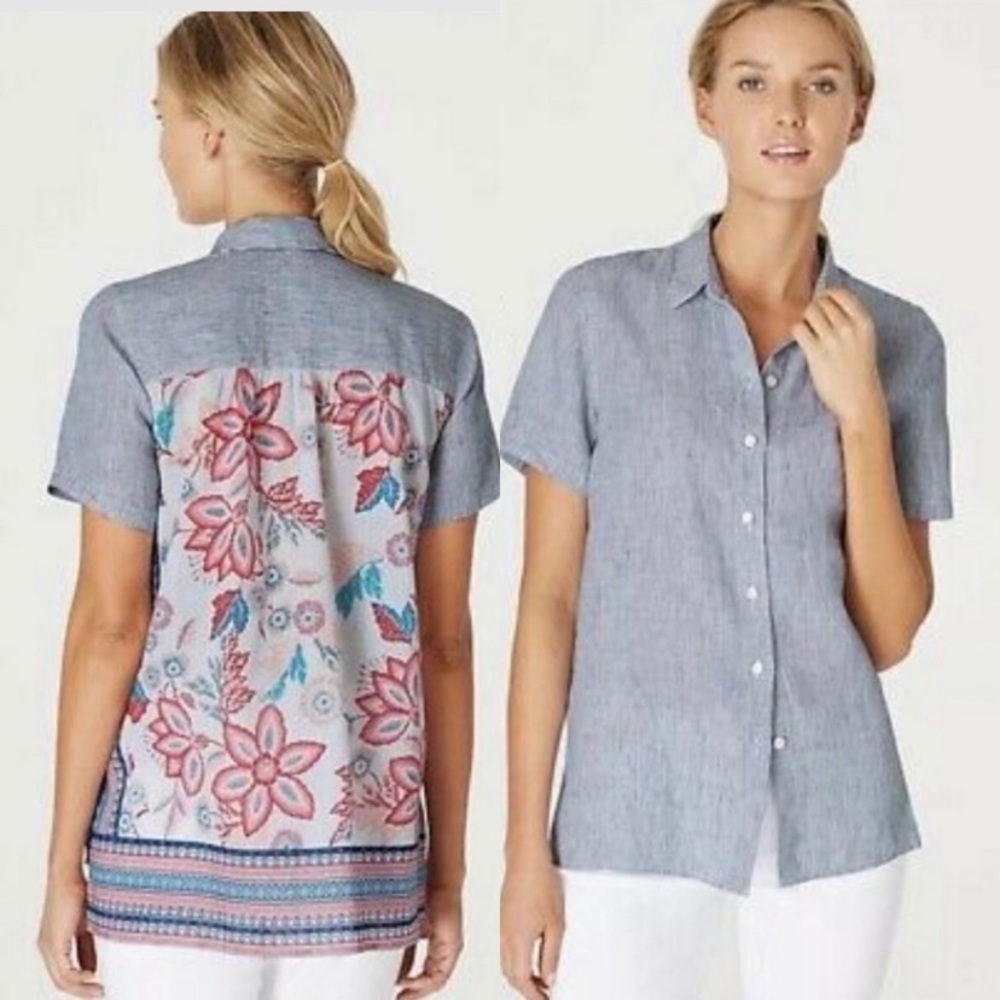 J. JILL Short Sleeve Button Down Shirt Linen and Cotton